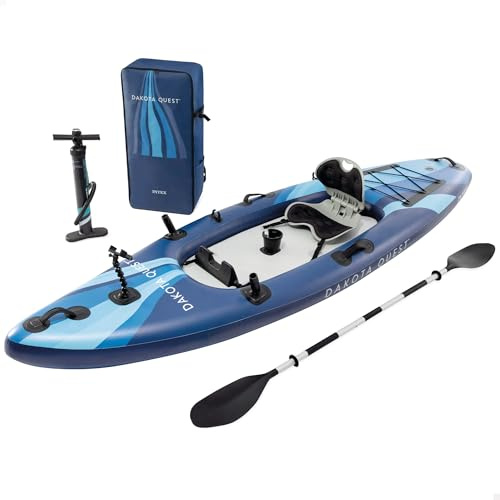 INTEX Dakota Quest Sit-on-Top Kajak aufblasbar für 1 Person bis 160 kg | ProSerie Alu-Doppelpaddel, Pumpe, Fußstütze, 2 Angelrutenhalter, Oxford-Rucksack (320x89x20cm) Rückensitz klappbar (68245NP)