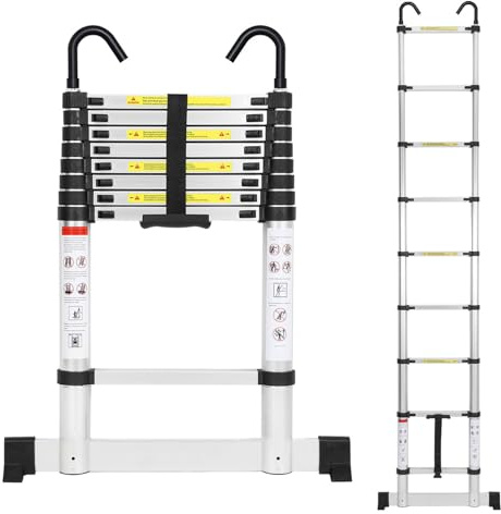 Cecaylie Aluminium Teleskopleiter 2.6M, Ausziehbare Leiter mit Stabilisator und Abnehmbaren Haken, Rutschfester Aluleiter Stehleiter Mehrzweckleiter, 150 kg Belastbarkeit