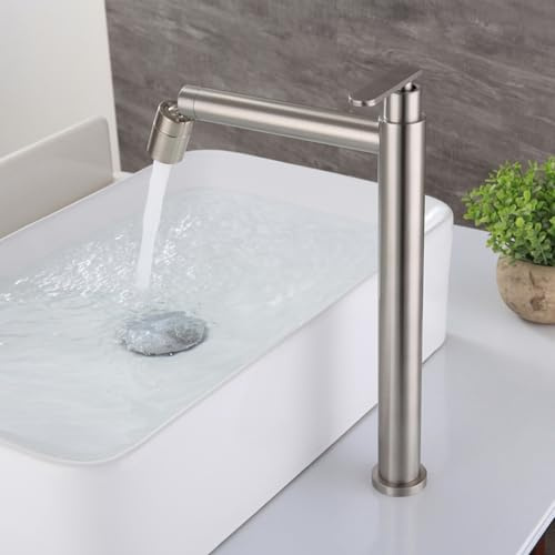 Robinet Mitigeur Haut Salle de Bain Brossé Rotation a 360° Robinet Lave Main Eau Froide avec Sortie D'eau Étendue,Brossé