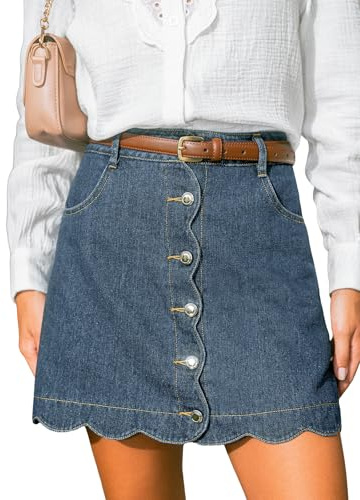 CUPSHE Gonna da donna in denim, casual, a vita alta, linea ad A, orlo smerlato, mini gonna di jeans con tasche, Azzurro, L