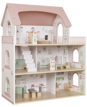 Maison de poupée en bois pour enfants - 3 étages, 5 pièces, balcon, ensemble de meubles et figurines à partir de 3 ans - Maison de jeu pour filles et garçons - Cadeau d'anniversaire de Noël
