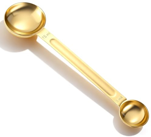 Double Sided Coffee Measuring Spoon, Stainless Steel 5ml and 15ml Measuring Scoop, Dual-Measure Long Handle Teaspoon for Coffee Tea Sugar Baking, Gold