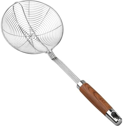 Espumadera de Cocina Acero Inoxidable Mango de Madera - Colador Rejilla para Frituras Pasta Verduras Fácil de Limpiar- 15.5 Cm