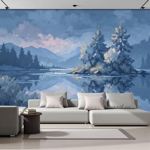 Fotomurales Lagos De Montaña 250X170Cm Xxl Papel Pintado Seda Decoración De Pared Murales Azul Ilustración Visual Fotográfico Decorativos Dormitorio Para La Sala