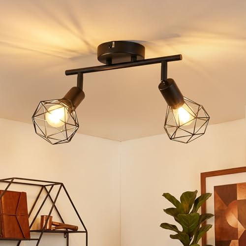 Leselux Deckenstrahler 2 Flammig Schwarz, Vintage Spots Deckenleuchte E14 | Metall Deckenspots Schwenkbar 350°, Retro Wandstrahler Deckenlampe Strahler für Küche Flur Schlafzimmer, Ohne Leuchtmittel
