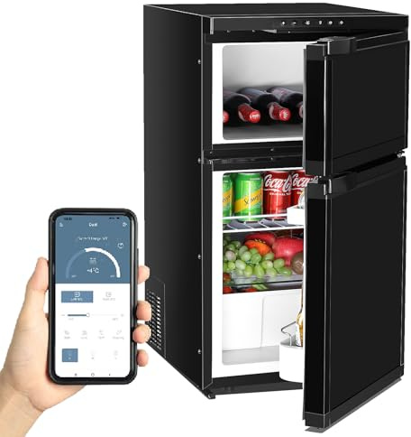 80L Kompressor Kühlbox mit Gefrierfach, 12V 24V 230V Auto Kühlschrank mit APP Steuerung & LED, -20℃ Gefrierfach, 2-Tür Kühl Gefrierkombination für Wohnmobil, Caravan, LKW, Boot, Camping, Reisen