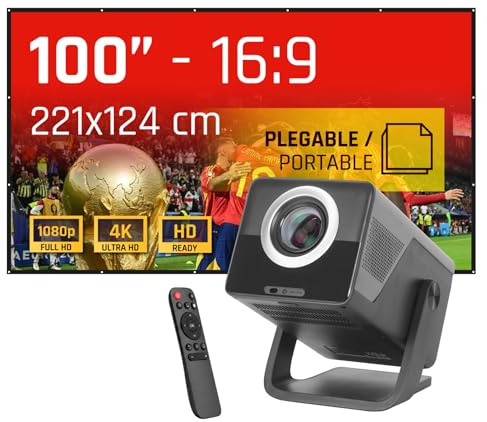 iggual - Pack Proyector Portátil Full HD 1080 p, (Android 14, WiFi, Bluetooth, HDMI) + Pantalla Proyección 100 Pulgadas, (Tela Plegable, Antiarrugas), Usos: Cine en Casa, Streaming, Gaming,