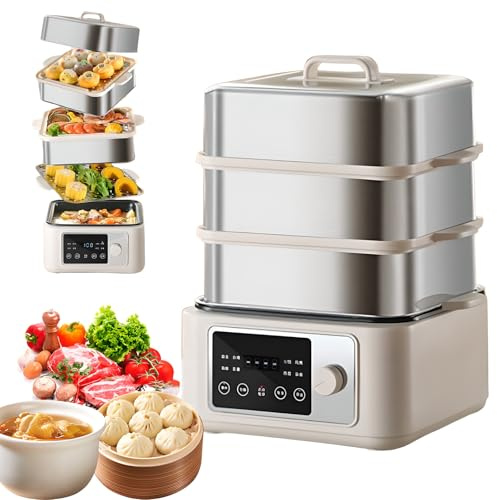 KIUYTQQ Vaporiera elettrica da 8 Litri, 1350 W, in Acciaio Inox, con Schermo Touch, Timer 24 Ore, 8 programmi preimpostati e Doppio cestello per pasti sani.