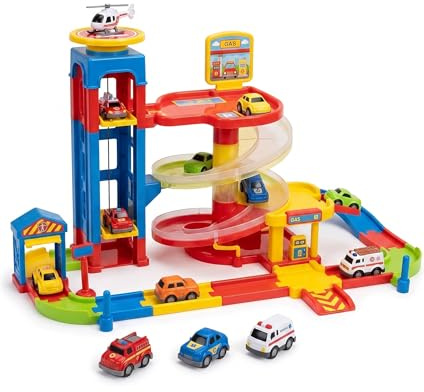 My 1st Parking Garage Playset, Multi-Level Spiral Ramp Track, DIY Assembly, Includes Rescue Vehicles, for Toddlers 2 Years and Up