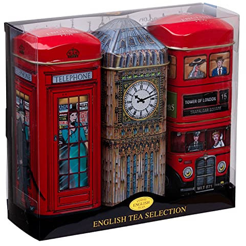New English Teas English Icons 3x Tea Tin Gift Pack with 42 Traditional Teabags - Big Ben, London Bus and Phone Box, UK Souvenir