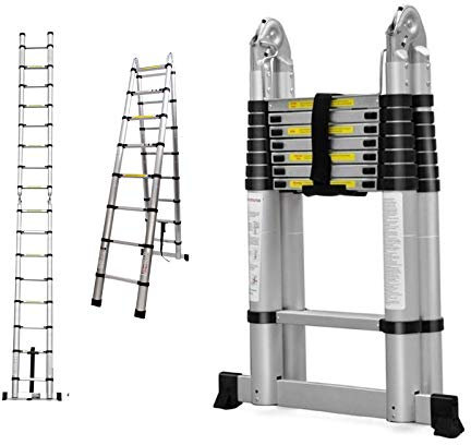 Scala telescopica estendibile da 5 m con telaio ad A (2,5 m + 2,5 m), flessibile, compatta, facile da riporre, pieghevole, in alluminio