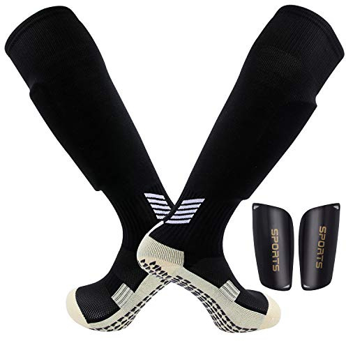 Dee Plus Erwachsene Fußball Schienbeinschoner+rutschfeste Fußball Socken Stutzenstrümpfe Set Sock Shin Guard Noppen Sohle Damen & Herren Socken Anti Rutsch Socken Stoppersocken Noppensocken knielänge