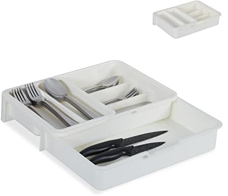 Relaxdays Besteckkasten, ausziehbar, 7 Fächer, für Besteck & Küchenutensilien, Kunststoff, HBT 6x23,5x31,5 cm, weiß | für Besteck & Küchenutensilien, Kunststoff, HBT 6x23,5x31,5 cm