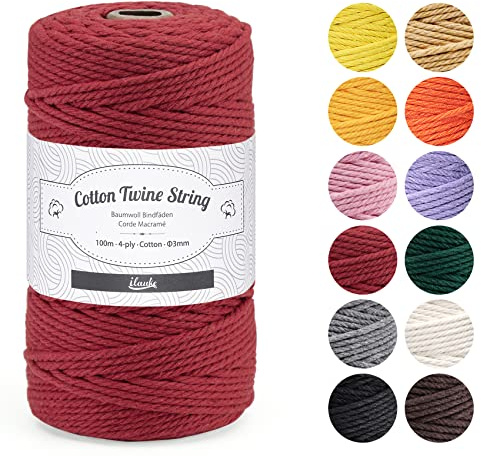 Makramee garn 3mm, ilauke 100m Natürliche Baumwollgarn, Superweiche Schnur Natur Macrame Cord aus 4-lagig Makramee Baumwollkordel für DIY Handwerk Basteln Wand Aufhängung Pflanze Aufhänger,Rot