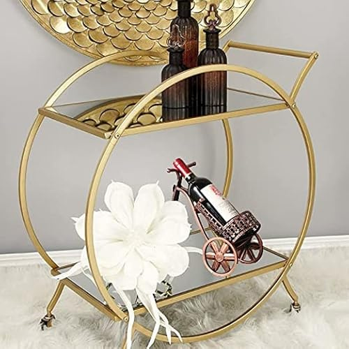 HEONITURE Bar Cart with 2 Mirrored Shelves, Modern Metal Bar Serving Cart, Gold Round Bar Carts for The Home/Kitchen/Club/Living Room, Rolling Wheeled Design (28.34''14.96''30.7'')