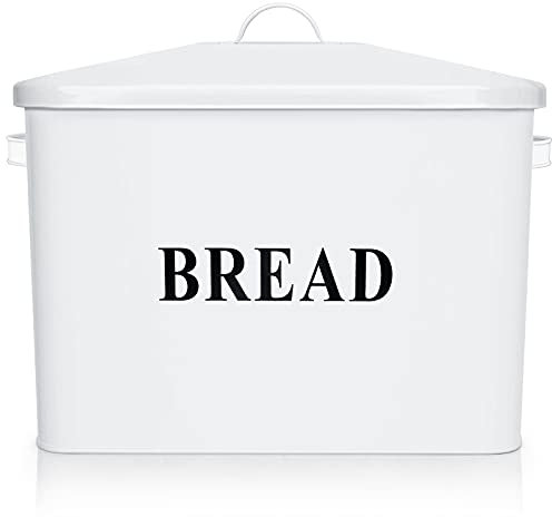 E-far Bread Box, Metal Bread Box with Lid for Kitchen Countertop, Large Bread Bin Holder Storage Container - 13 x 9.8 x 7.3 - Holds 2+ Loaves, Modern Farmhouse & Vintage Style - White