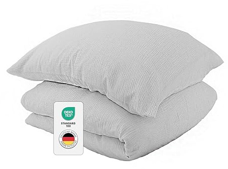 jilda-tex Bio-Bettwäsche Musselin Medina 100% Bio-Baumwolle Knitterlook Bügelfrei Uni Made in Green (Hellgrau, 155x220 + 80x80 cm)