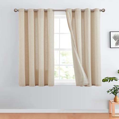 TOPICK Vorhänge Gestreifte Gardinen Modern 2er Set H145xB130 Braun Beige | Leinen Vorhänge Leinenoptik Vorhang Wohnzimmer Privarsphäre Gardine Lichtfilterung Ösenschal mit Streifen Muster