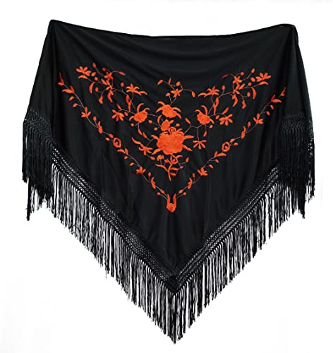 MUNDDY - Manton Bordado en Flores Para Adulto. Mantones Flamenco Sevillana.Mantón para fiesta de Color Rojo Negro Rosa Blanco Amarillo Azul. Envio desde madrid (Negro-Naranja)