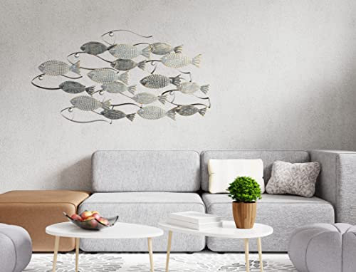 Generisch 3D Wand Dekoobjekt Fischschwarm Pesce Wandrelief Wand Metallbild grau/goldfarben weiß gewischt gehämmerte Oberflächenstruktur Handarbeit