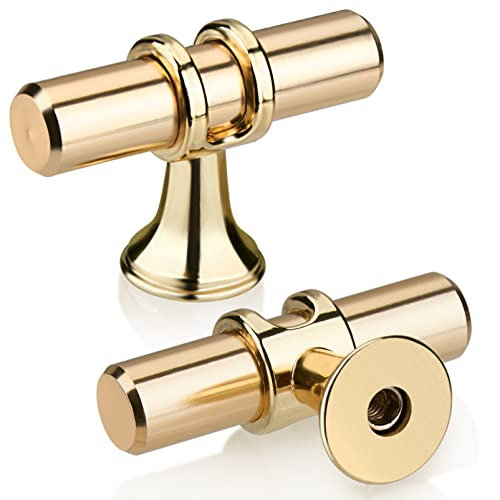 GUWINA Lot de 10 Doré T Bouton Tiroir, Moderne Élégant Or Poignée Meuble Cuisine Alliage de Zinc Unique Trou Poignée Porte Armoire pour Cuisine, Salle de Bain, Chambre, Bureau Inclus Vis