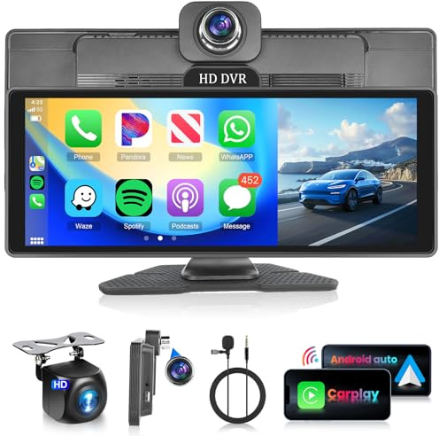 Podofo Tragbares Autoradio Wireless Carplay Android Auto 10.26'' Touchscreen ADAS System FM Sender USB/AUX/SD Geteilter Bildschirm mit 10M Rückfahrkamera DC9-36V