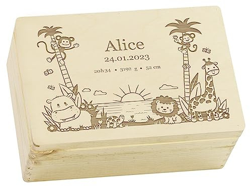 LAUBLUST Boîte à souvenirs bébé personnalisée - Cadeau de naissance avec prénom | Jungle, tailles S, M, L, XL - Boîte à souvenirs pour filles & garçons | Boîte en bois naturel ou blanc, FSC®