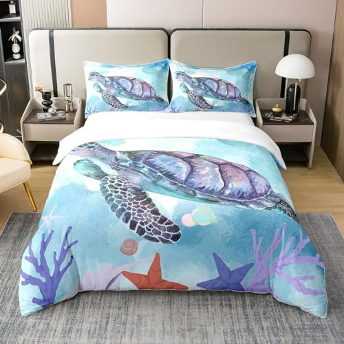 Aquarell Meeresschildkröte 100% Baumwolle Bettbezug für Jungen,Ölgemälde Schildkröte Bettwäsche Set 155x220,Teal Ombre Küstentier Tröster Abdeckung,Ozeansterne Korallen Bett Sets mit 1 Kissenbezug