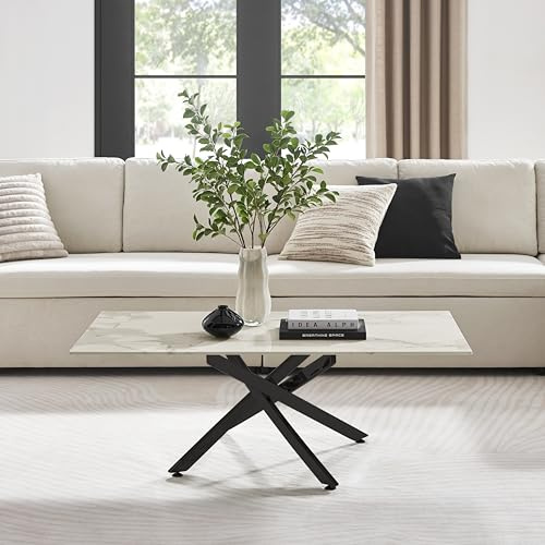 Furniturebox UK Leonardo Glass White Marble Effect Coffee Table - Semi Matte Black Metal Legs In Stylish Nested Starburst Design - Modern Living Room Furniture for Contemporary Homes