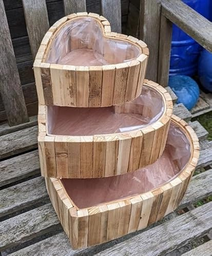 Generisch NEU !! 3er Set Pflanzkörbe in Herzform Breite ca. 32, 26 und 20 cm aus hellem Holz - Naturprodukt Handarbeit Pflanzherz Schale Weidenkorb Pflanzgefäß Blumentopf Grab Trauer Liebe