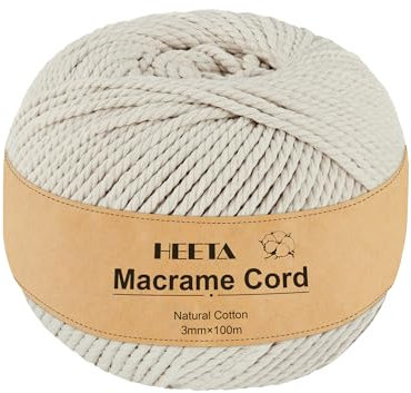 HEETA Makramee Garn 3 mm x 100 m, Weiches Rope Garn zum Basteln, Natürliche Baumwolle Robust, 4 Stränge Gedrehte Baumwollschnur für Anfänger, DIY-Heimdekoration