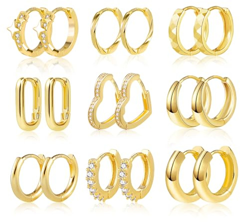 ALEXCRAFT 9Paar Ohrringe Creolen Set Damen Ohrringe für Mehrere Ohrlöcher | Ohrringe Set Stapelbar Mehrere Ohrlöcher Knorpel Piercing Creolen Kleine Kreolen Zirkonia Verdreht Herz Oval Eckig Creolen