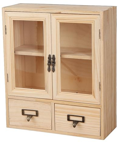 RZGZKLSH RZGKLSH Countertop Medicine Cabinet - 12.2x4.7x14.2Vintage Cabinet - Pantry Storage - Glass & Wood Storage Cabinets with Doors and Shelves - Floating Shelf (Burlywood)
