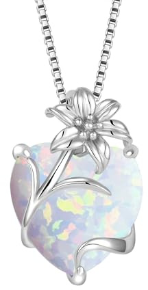 YL Collier Cœur Argent 925 taillé Opale Blanc Fleur de lys Pendentif pour Femme maman