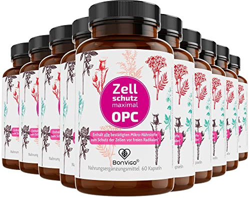 BonVigo® Zellschutz OPC - Vorrat 10 Dosen - Alle Nährstoffe zum Schutz der Zellen gegen freie Radikale, Folat für normale Blutbildung plus Proanthocyanidin aus Traubenkern, Pinienrinde, Cranberry (10)
