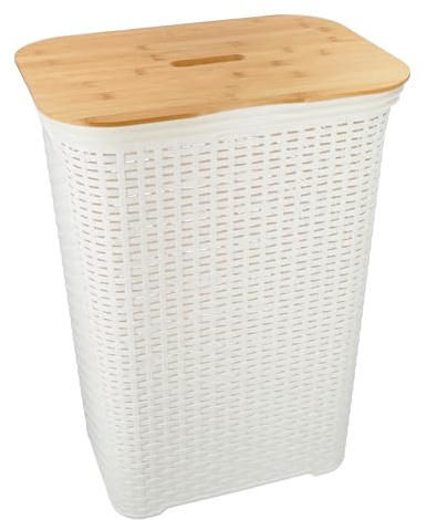 HRB Wäschekorb mit Deckel aus Bambus Rattan 65 Liter, Wäscheaufbewahrung aus Kunststoff, Wäsche Sortierer (Weiß-Bambus)