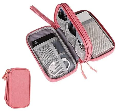 Senken Sac à câble, double poche pour câble, 11 x 19 x 6 cm, organisateur de câbles portable, gadgets de voyage, pour accessoires électroniques, batterie externe, carte SD, câble de charge (poudré),