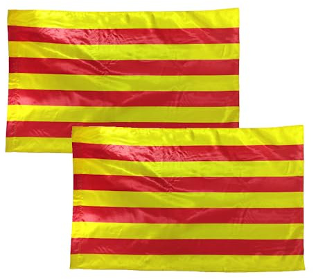 2 Banderas de Catalunya Senyera, 90cm x 150cm, con Trabilla y Cordones, Ligera para Deportes, Fútbol, Manifestaciones, Edificios