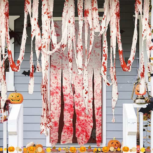 SilverChry Halloween Blutiges Tuch Dekorationen, Gruseliges Tuch, Halloween Deko Innen Gruselig, für Halloween Party Innen Außen Gruselhäuser Türen, Spukhaus, Treppe, Wand, Terrasse, Garten, Weißes