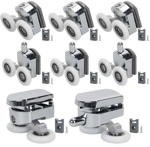 Zythrem Duschtürrollen für gebogene Türen, 25 mm, Ersatzrollen für Duschtüren, Chrom, Duschschienen mit Anti-Kollisionsblock und Schrauben, Duschrollenräder für gebogene Glastüren, 4–6 mm Glas, 8