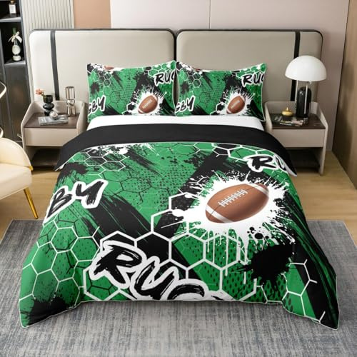 Homewish Rugby Coton Housse de Couette 140x200,Dessin À L'Encre de Football Parure de Lit,Impression de Jeu en Nid d'abeille Enfants Adolescents Literie pour Chambre,Ballon Noir Vert Sport Couvre Lit
