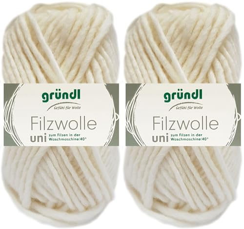 2x50 Gramm Gründl Filzwolle Uni aus 100% reiner Schurwolle inkl. Anleitung für Topflappen (01 Wollweiss)