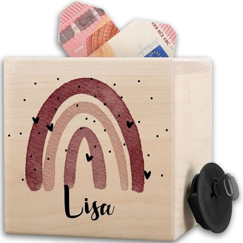 Spardose Holz Regenbogen | Sparbüchse Mädchen Kinder Personalisiert mit Namen - 10x10cm - Holz - Kind kinderspardose personalisierte rosa spardosen aus kinderspardosen Name sparschwein für