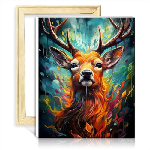 LiHEQING Ölgemälde „Hirsch in Blumen“, Malen nach Zahlen-Set, für Kinder, Kunsthandwerksprojekt, Wanddekoration zu Hause, Geschenke, ohne Rahmen (60 x 75 cm)