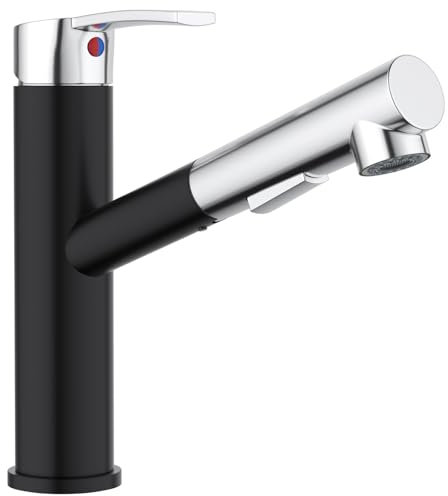 APPASO Robinet de cuisine haute pression avec douchette extensible et 2 types de jets, noir et chrome pivotant à 360 °, noir mat