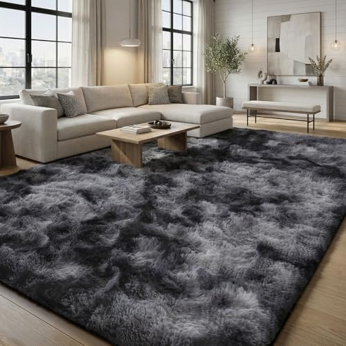 Treeboy Hochflor Teppiche Grau Teppich Wohnzimmer 240x340 Große Waschbar | Wohnzimmerteppich Flauschiger Teppich Waschbar Anti-Rutsch Extra Große Carpet Teppichen für Schlafzimmer Kinderzimmer