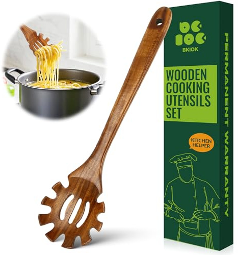 Tenedor de pasta de madera de teca antiadherente natural, servidor de cuchara de espagueti, colador hecho a mano, cuchara ranurada, cucharas espumadoras (tenedor de pasta)