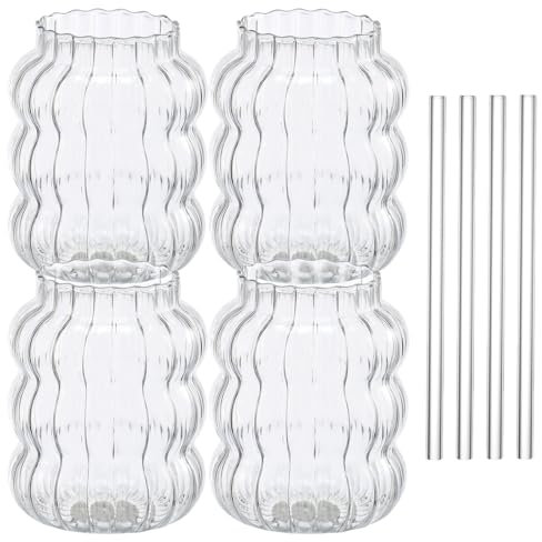 VAVPUP Lot de 8 gobelets en verre strié de 650 ml - Verres ondulés créatifs - Verres transparents avec pailles pour café, cocktails, jus, eau, soda, thé, passe au lave-vaisselle