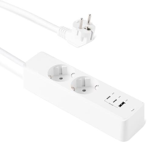 Amazon Basics Regleta con 2 Tomas de Corriente Alterna, Carga Rápida USB C de 20 W, 2 USB C, 1 Puerto USB A, Cable de Extensión de 1,57m, Uso Doméstico, Oficina, Viajes, Certificada por TÜV
