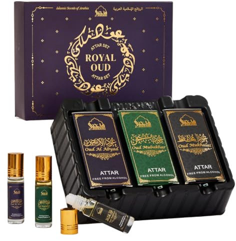 Royal Oud Attar Oil Set by Dukhni | Pure original Oud oil, Islamic fragrances, Eid & Ramadan gifts for men and women | 3 assorted mini roll on perfume scents x 6ml | Arabian oud oil, arab perfumes